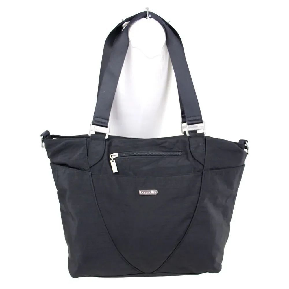 baggallini BLACK NYLON CANVAS SHOULDER BAG LAPTOP HANDBAG TOTE HOBO CARRY ON